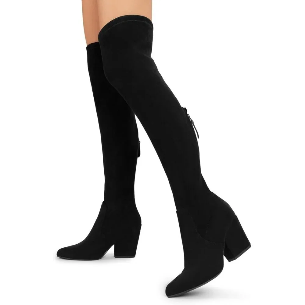 Women's Black-Suede Thigh High Knee Chunky Pointed Toe Long Block Heel Boot